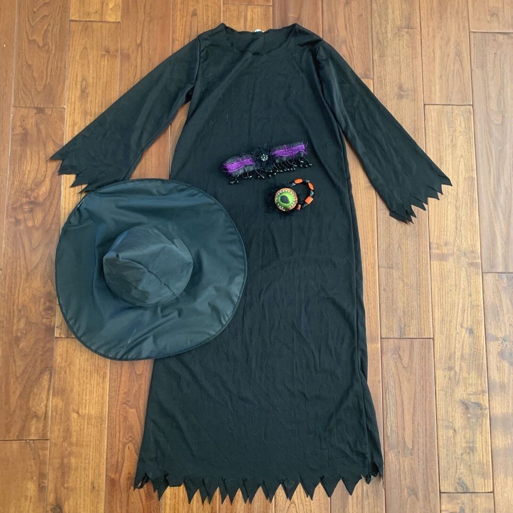 Lil’ Witch Halloween Costume Black Gothic Dress Up Child Girls Hat Dress